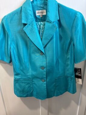 Studio I Teal Satin Short-Sleeve Jacket with Aqua Animal-Print Skirt